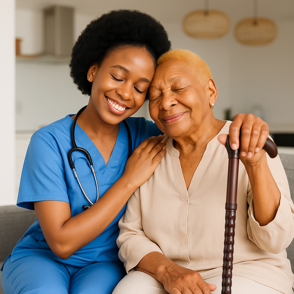 Professional caregiver helping elderly client at home